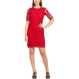 Nina Leonard Dress Womens Small Red Sheath Bodycon Floral Lace Cottagecore